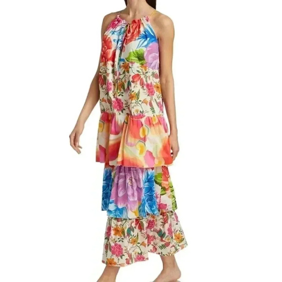 NWT Farm Rio White Mixed Prints Tiered Maxi Dress Tropical Cotton Size Small - Picture 4 of 13
